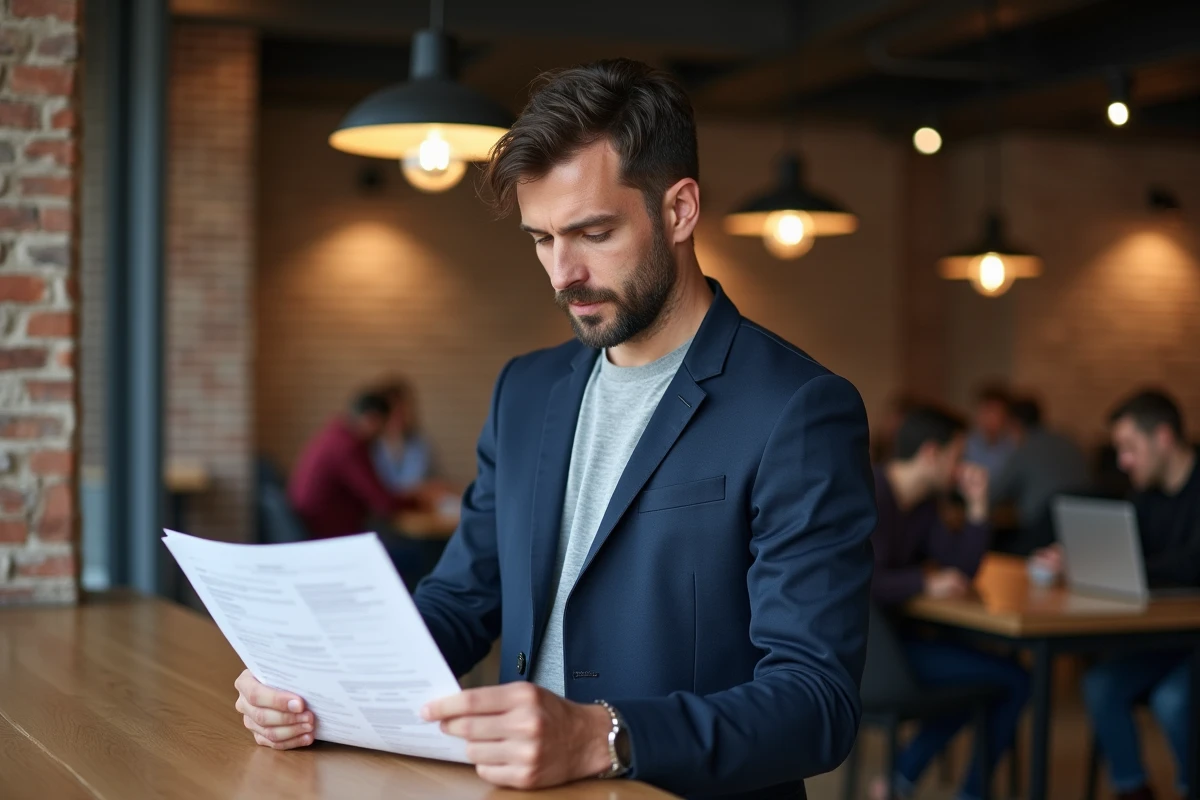 Entrepreneur tenant des documents officiels de type Kbis dans un espace de co-working