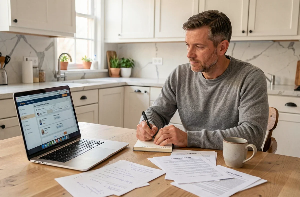 Homme travaillant depuis chez lui en comparant des plateformes de création d'entreprise en ligne avec des notes imprimées