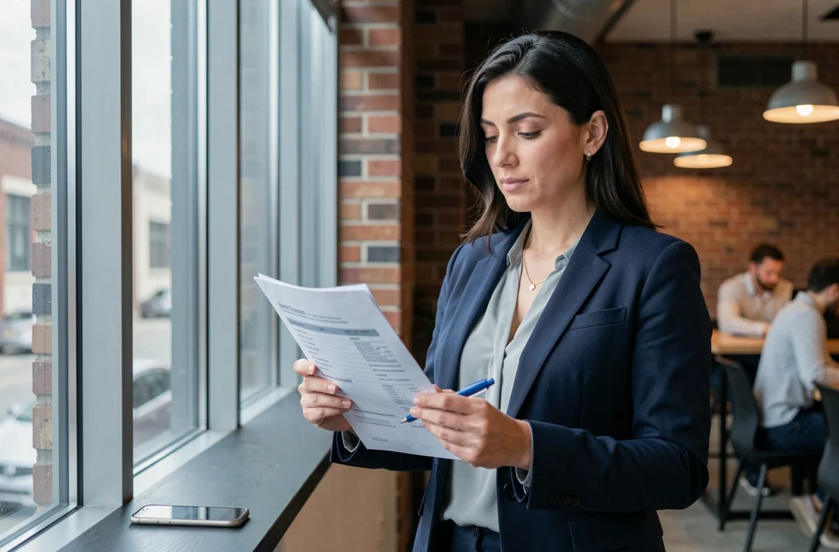 Femme entrepreneur en espace de coworking révisant un devis commercial avec détermination