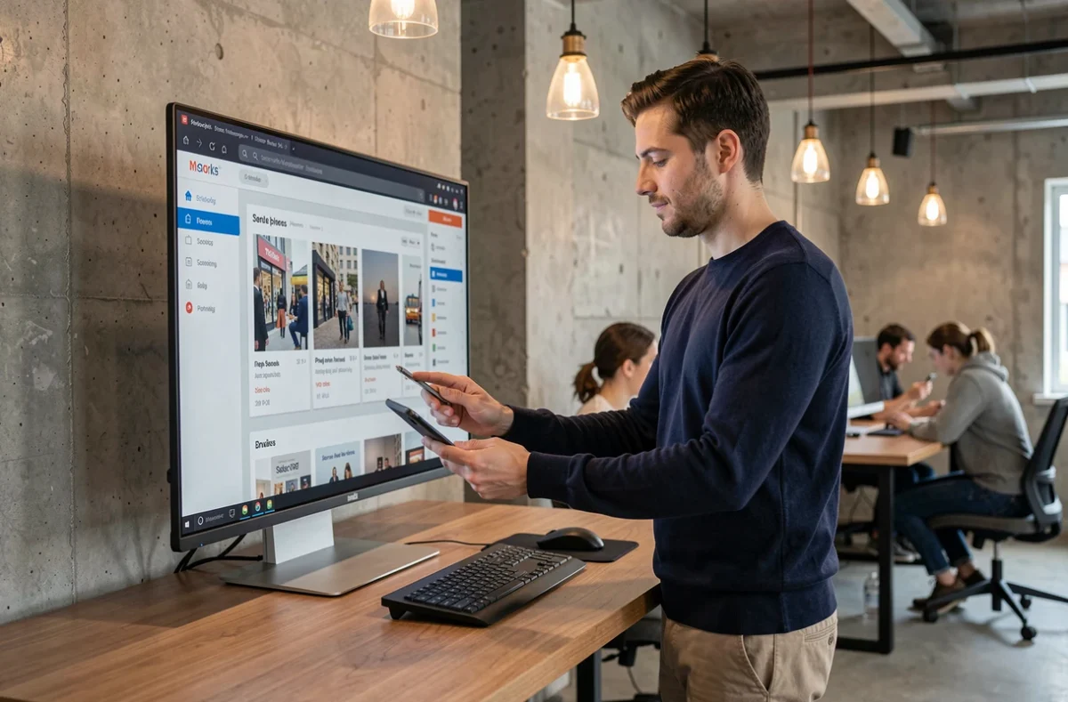 Entrepreneur masculin gérant sa boutique digitale Stan.store dans un espace de coworking moderne