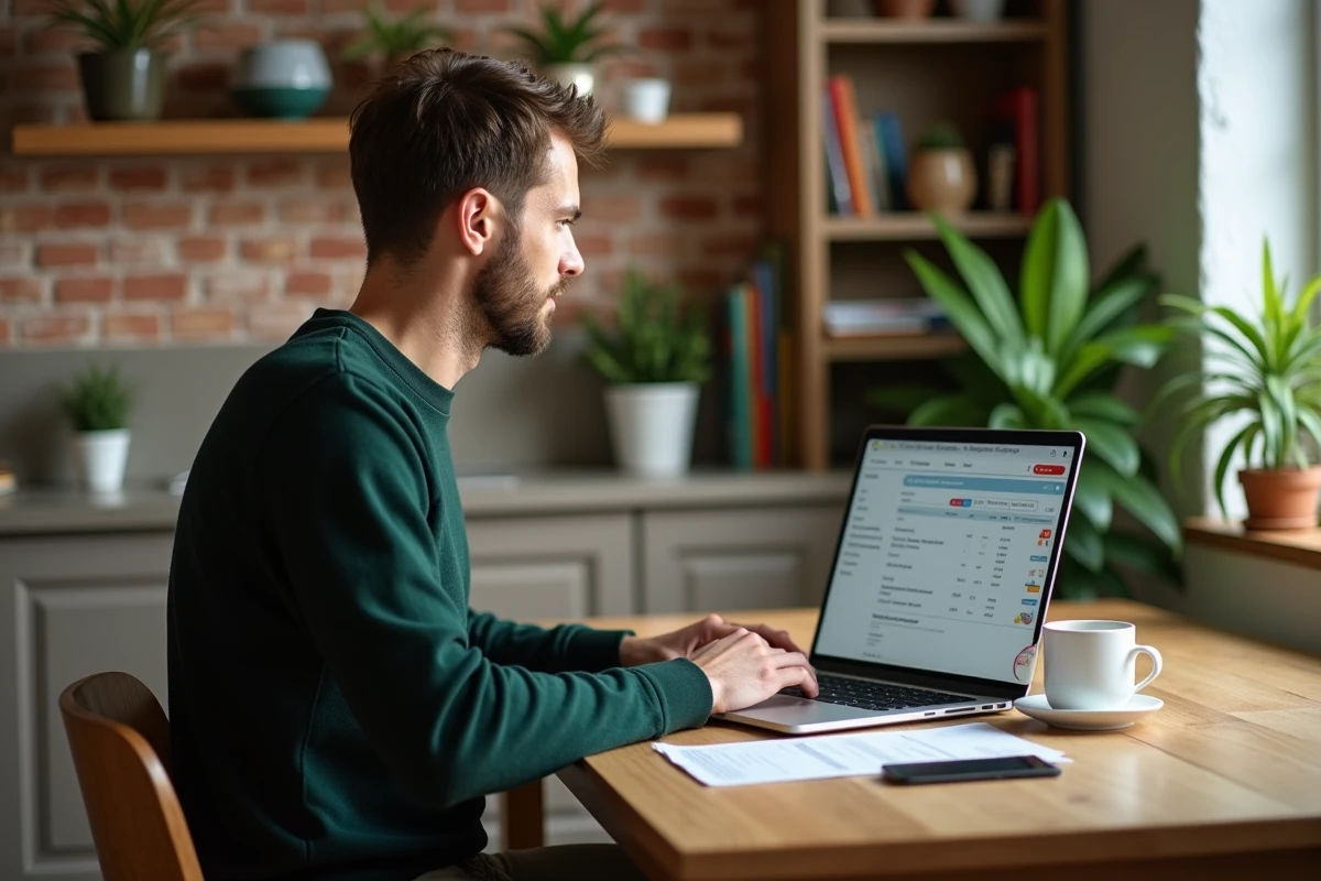 Jeune entrepreneur consultant le portail d'immatriculation en ligne pour son inscription au registre du commerce depuis son domicile