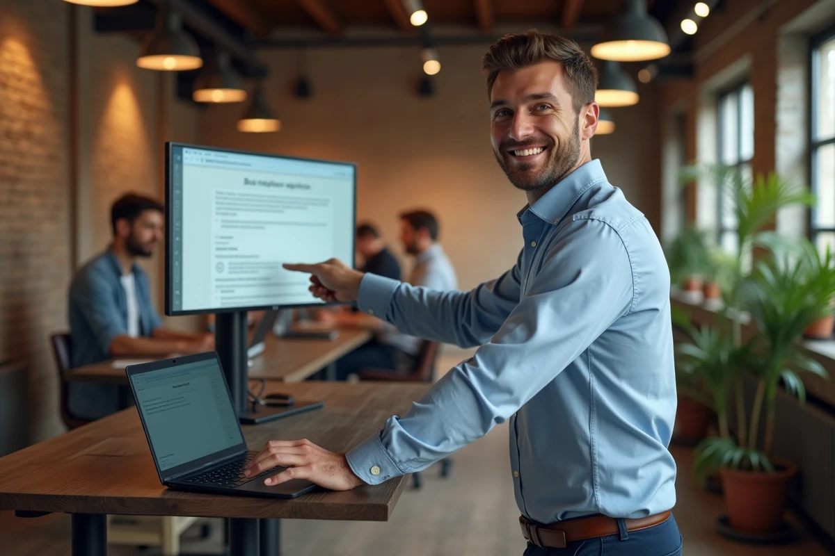 Entrepreneur consultant l'extrait Kbis de son entreprise en ligne sur un ordinateur portable