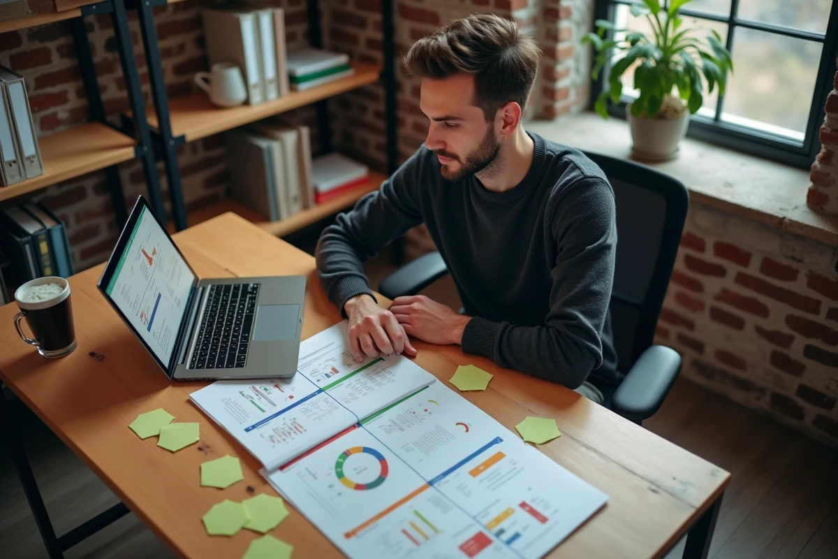 Entrepreneur en PME analysant des rapports de positionnement concurrentiel et de segmentation sur un bureau organisé