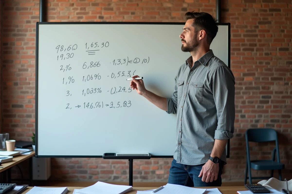 Entrepreneur indépendant présentant les seuils de chiffre d'affaires de la micro-entreprise sur un tableau blanc dans un espace de travail