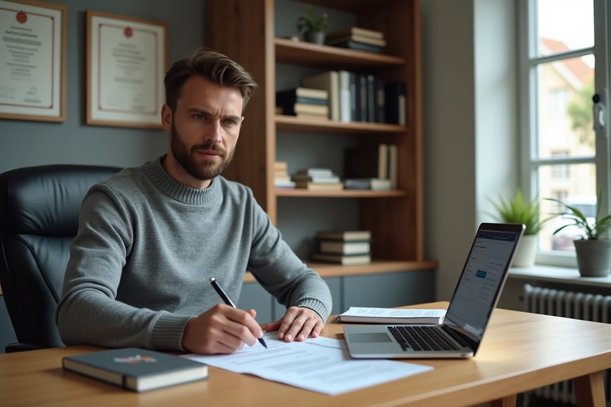 Jeune entrepreneur consultant les statuts juridiques d'une SAS depuis son bureau à domicile avec des documents imprimés