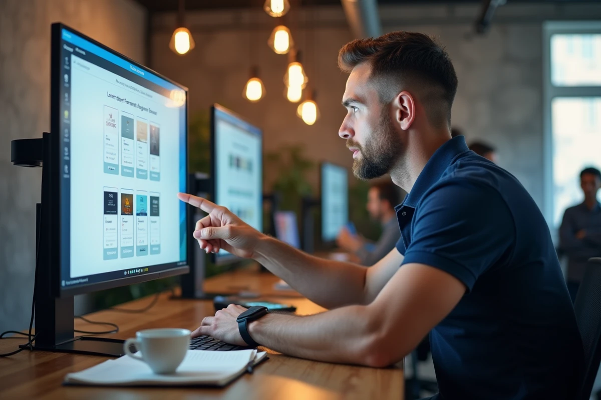 Entrepreneur masculin utilisant le constructeur de tunnels de vente Systeme.io dans un espace de coworking