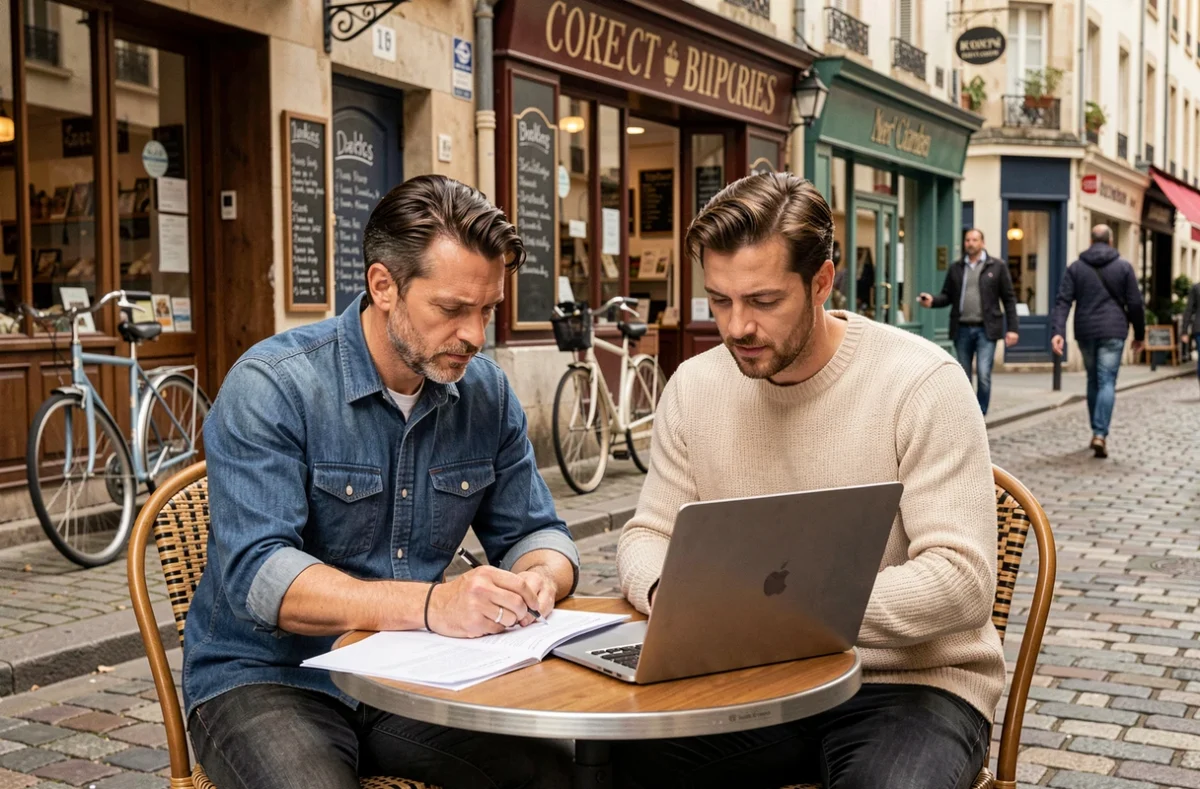 Deux entrepreneurs locaux collaborant en terrasse de café dans une rue commerçante d'une ville de région française