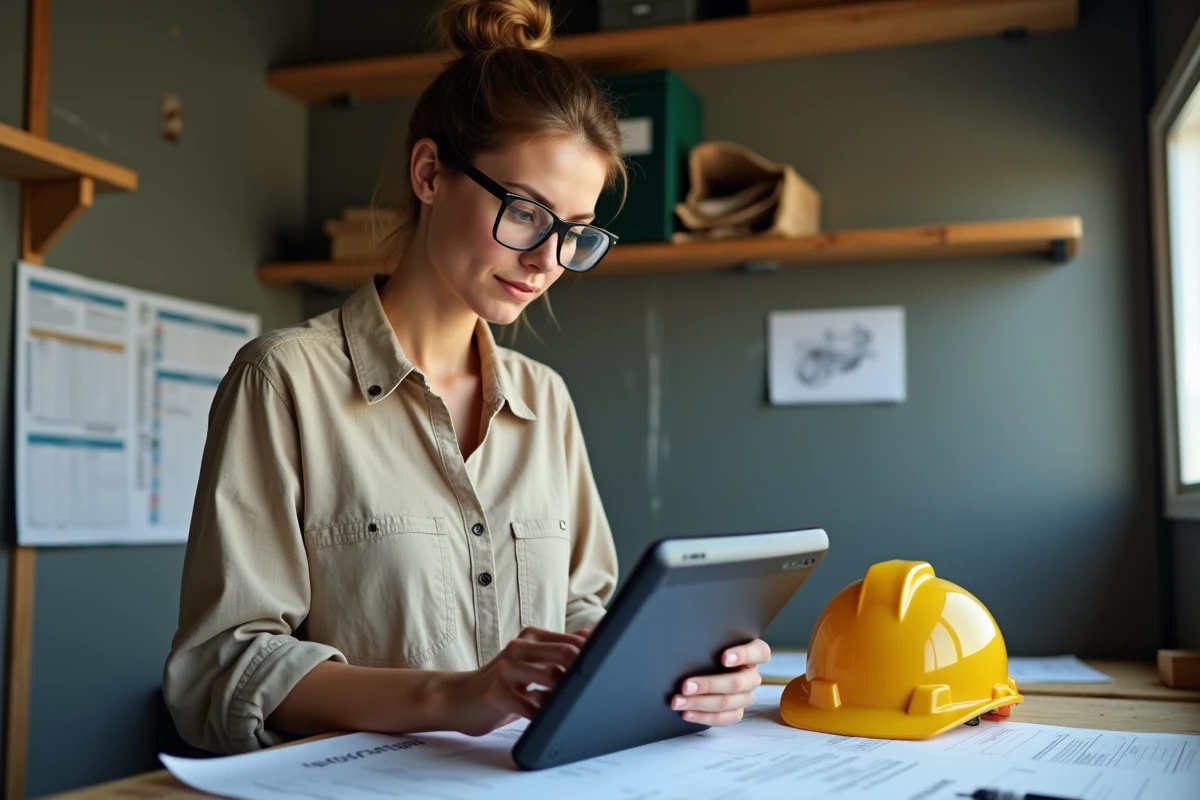 Entrepreneuse BTP configurant ses tarifs de devis sur une tablette depuis un bureau de chantier