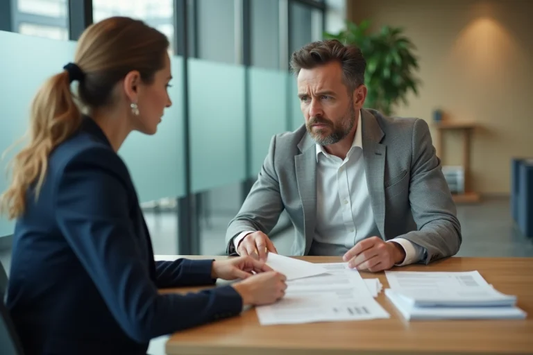 Entretien entre un salarié et une responsable RH lors d'une procédure de licenciement économique dans un bureau moderne