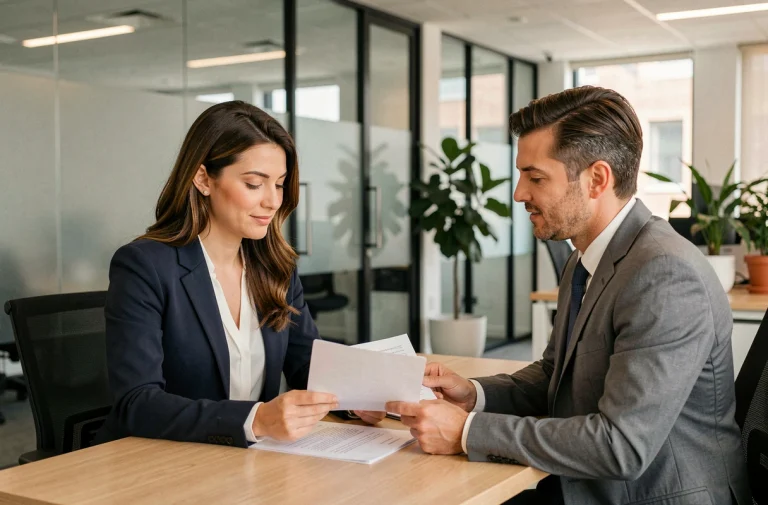 Employée et responsable RH examinant un contrat de travail lors d'un entretien de passage CDD en CDI dans un bureau moderne
