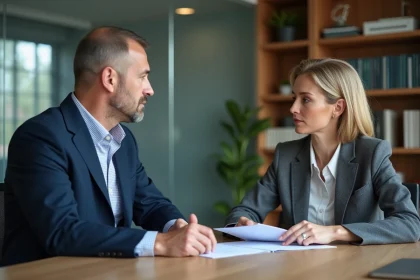 Entretien préalable au licenciement entre un salarié et un responsable RH dans un bureau professionnel
