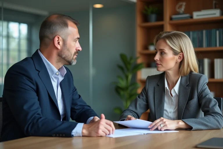 Entretien préalable au licenciement entre un salarié et un responsable RH dans un bureau professionnel
