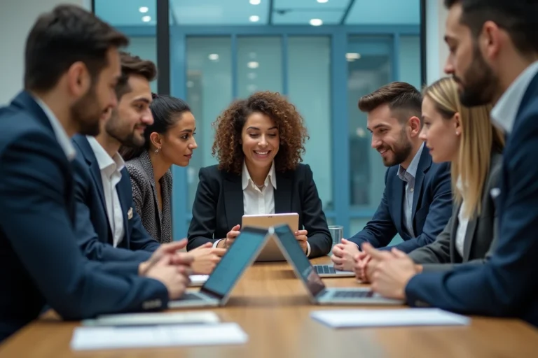 Groupe diversifié en réunion de travail en bureau moderne