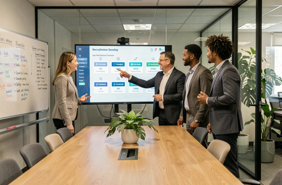 Équipe RH comparant des outils de recrutement et de tests sur un écran en salle de réunion