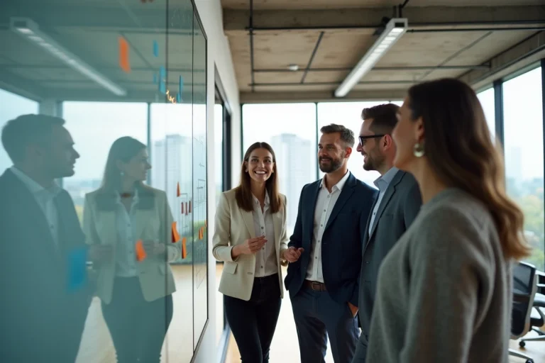 Équipe de managers alignant leurs objectifs autour d'un tableau blanc avec des frameworks Why-What-How en open space moderne