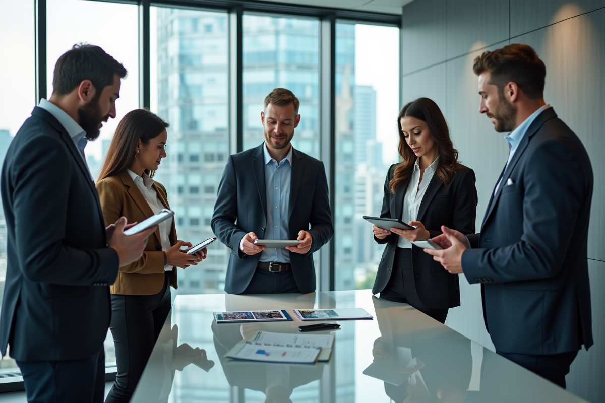 Equipe diverse en réunion analysant des données marketing