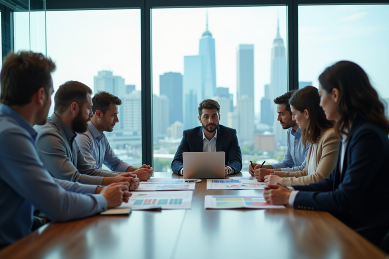 Groupe de professionnels en réunion autour d'une stratégie marketing