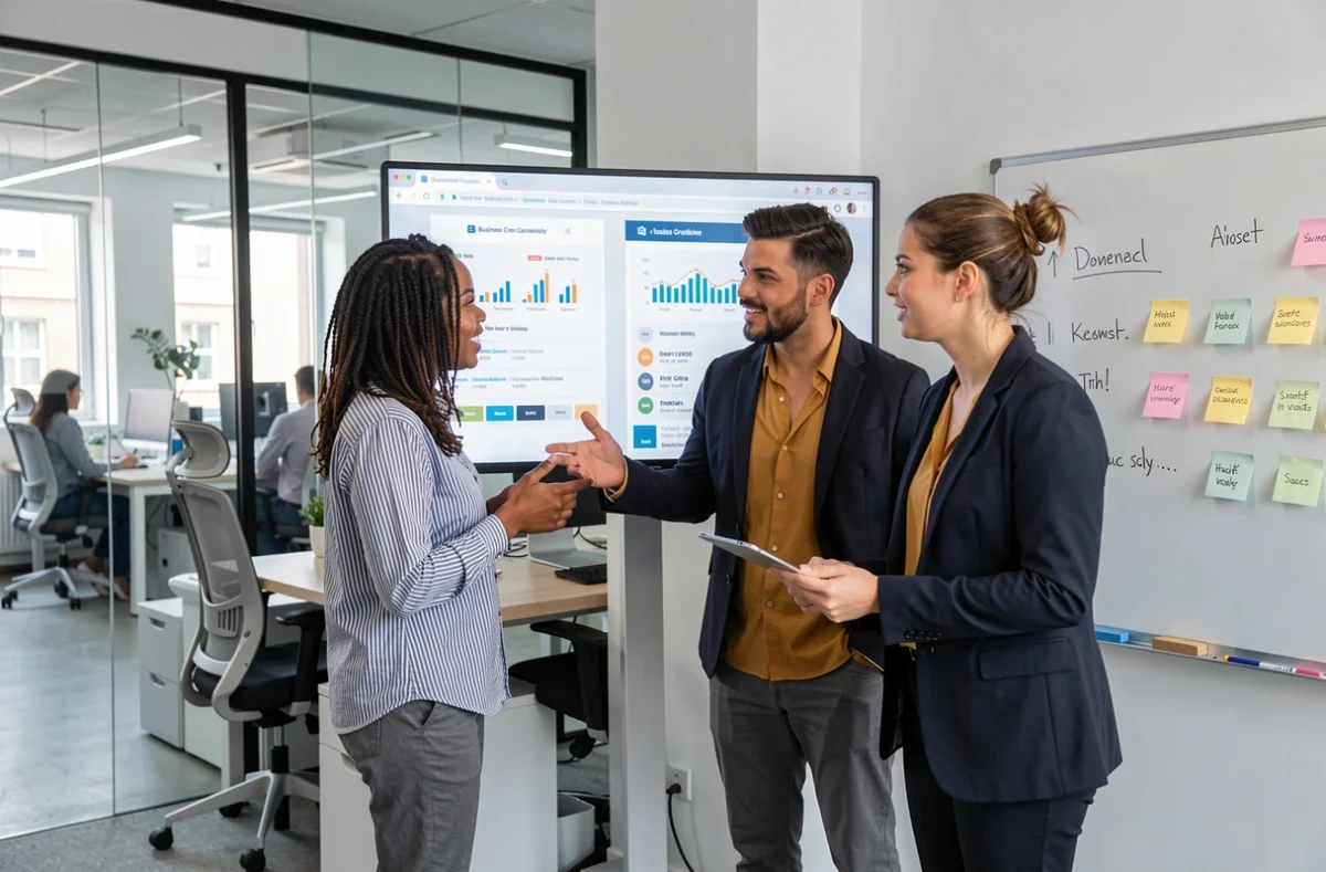 Équipe de jeunes entrepreneurs analysant ensemble les forces et limites de différents sites de création d'entreprise