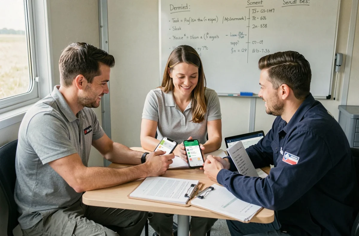 Équipe terrain réunie autour d'un smartphone pour une formation à l'adoption de l'outil mobile de gestion de maintenance