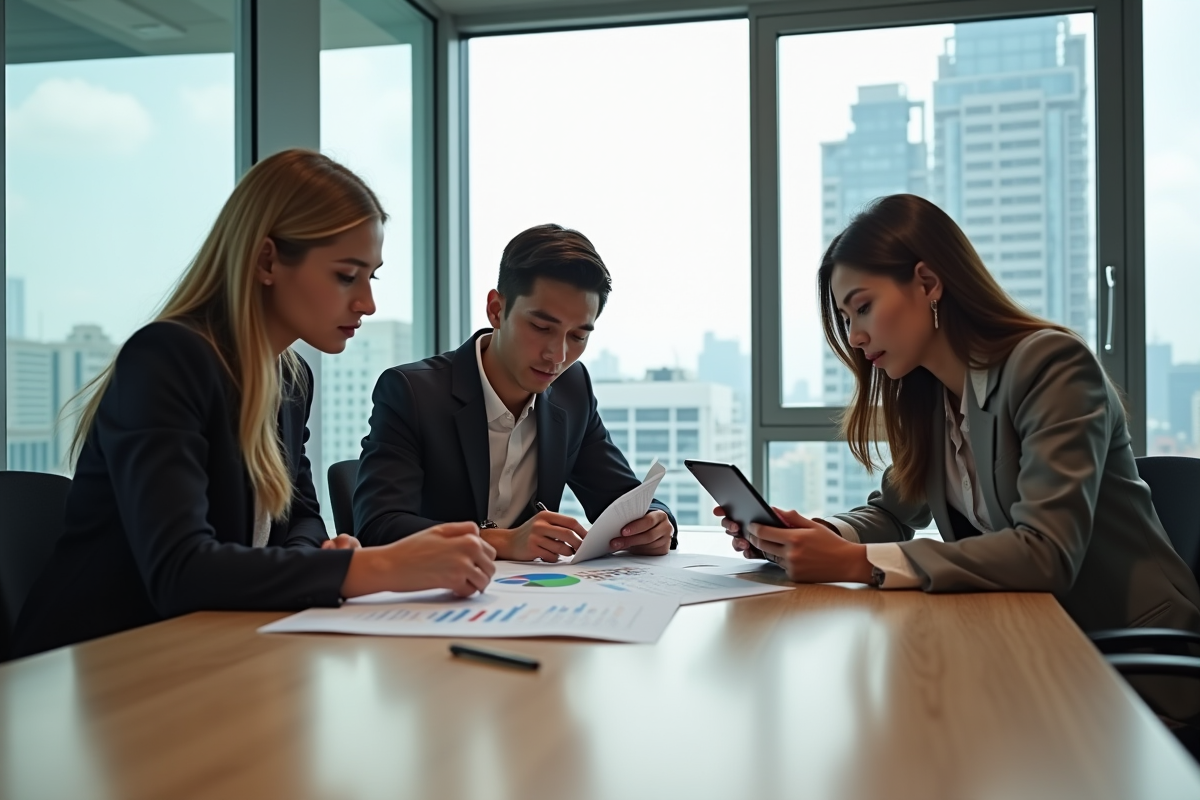 Equipe de jeunes professionnels collaborant sur des documents comptables