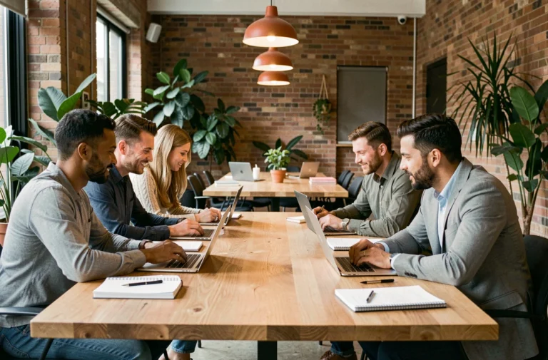 Groupe de professionnels en coworking au Mans travaillant ensemble autour d'une grande table en bois dans un espace de travail partagé moderne