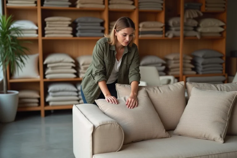 Femme examinant la qualité d'un canapé tapissé beige dans un showroom SOFFRAN Tapizados avant achat