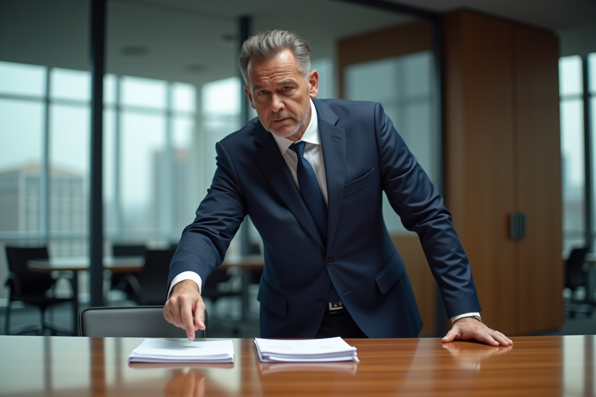 Homme d'affaires en costume navy pointant documents