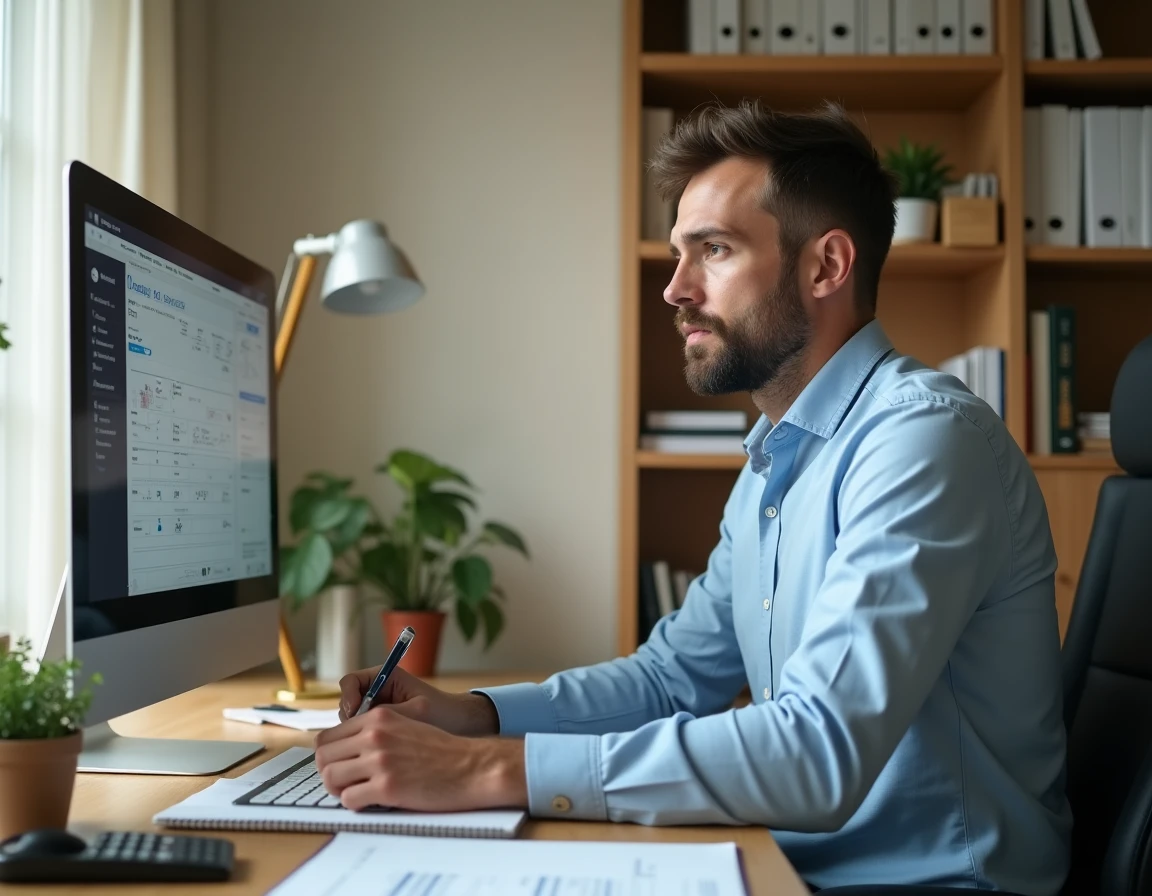 Professionnel travaillant seul sur un logiciel de comptabilité depuis son bureau à domicile avec des factures et un carnet de notes