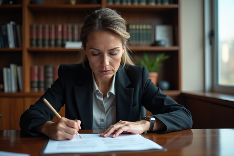 Femme d'affaires réfléchissant sur un contrat annoté