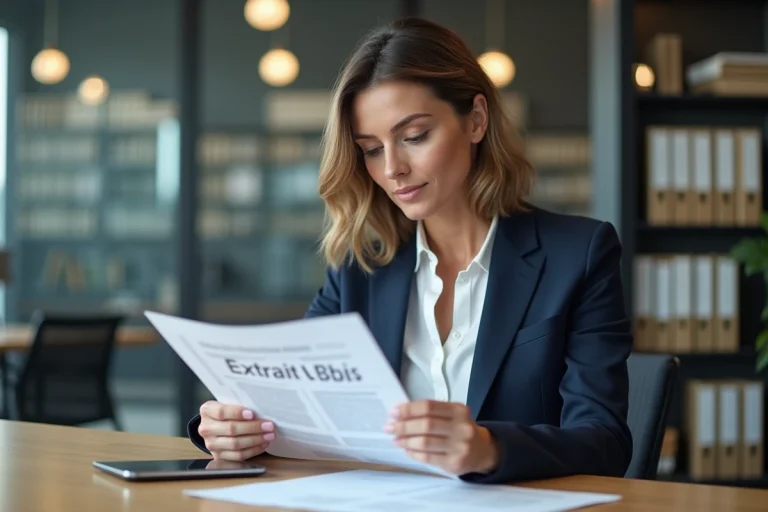 Femme d'affaires consultant un extrait Kbis dans un bureau professionnel moderne
