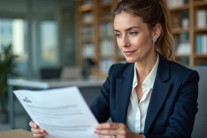 Femme d'affaires consultant un extrait Kbis dans un bureau professionnel moderne