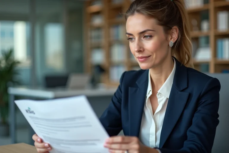 Femme d'affaires consultant un extrait Kbis dans un bureau professionnel moderne