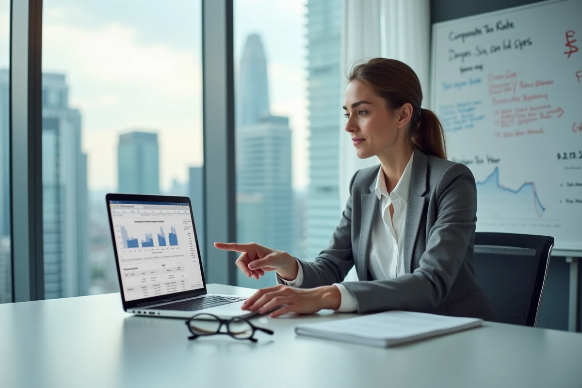 Femme d'affaires consultant les taux de l'IS 2026 sur un ordinateur portable en salle de réunion