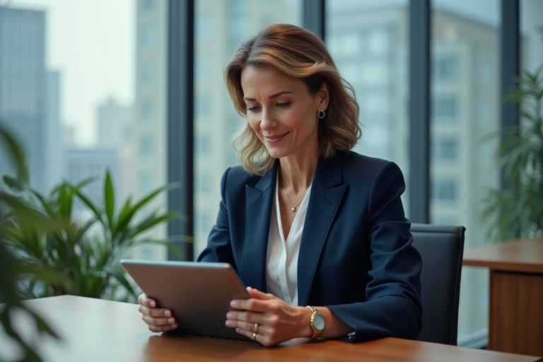 Femme d'affaires en costume regardant une tablette