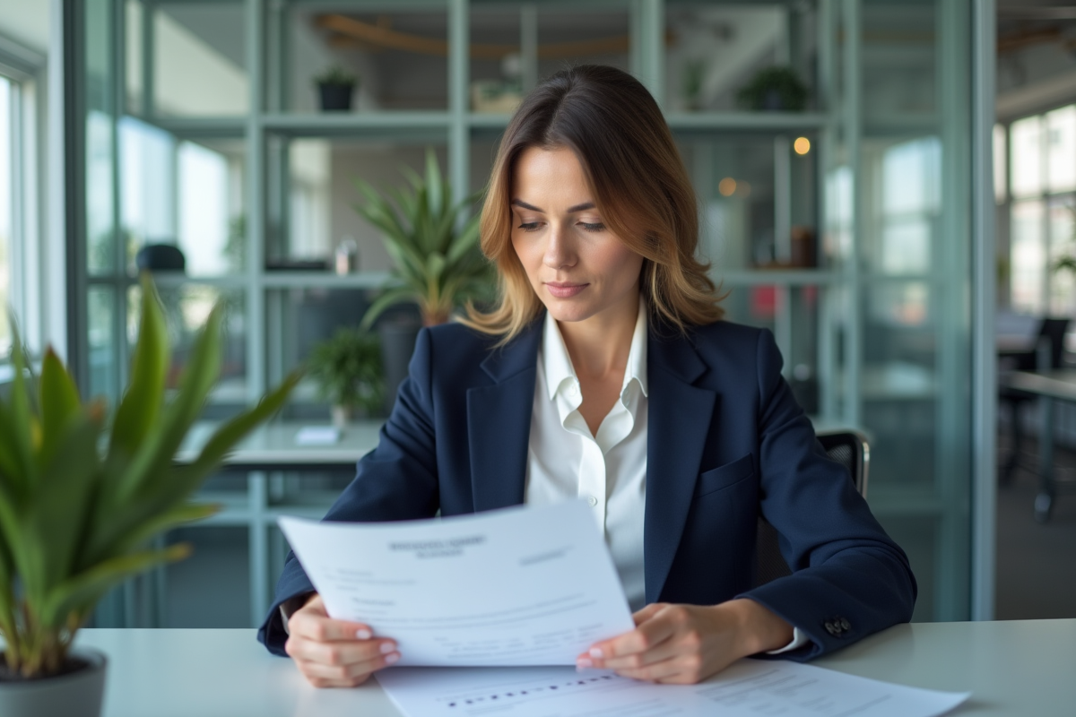 Femme d affaires concentrée sur des documents financiers dans un bureau moderne