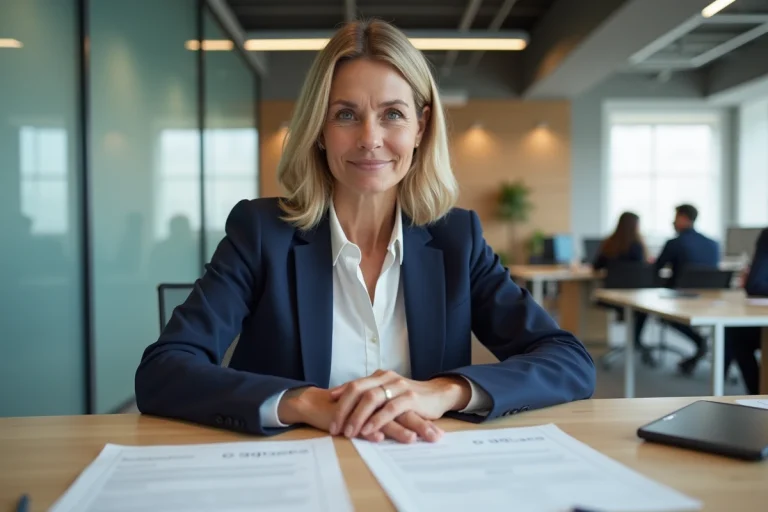 Femme d'affaires consultant des documents d'immatriculation au registre du commerce dans un bureau moderne