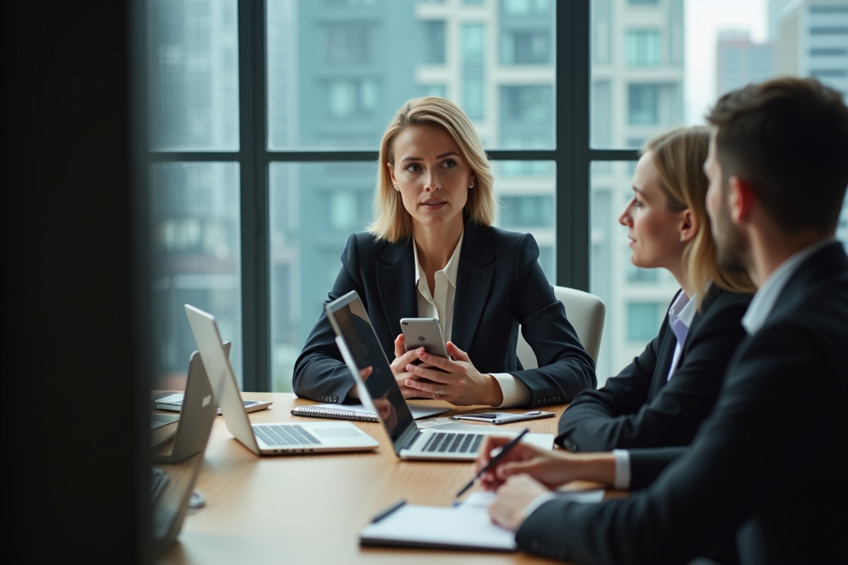 Femme d affaires discrètement avec smartphone en réunion