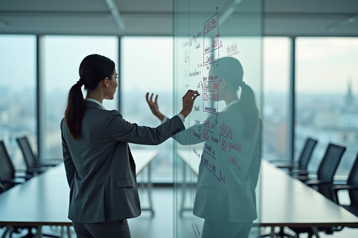 Femme d'affaires présentant les taux de l'impôt sur les sociétés 2026 devant un tableau blanc dans une salle de réunion moderne à Paris