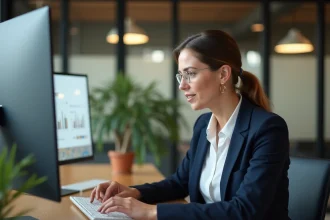 Professionnelle utilisant un agenda numérique centralisé sur ordinateur dans un bureau moderne