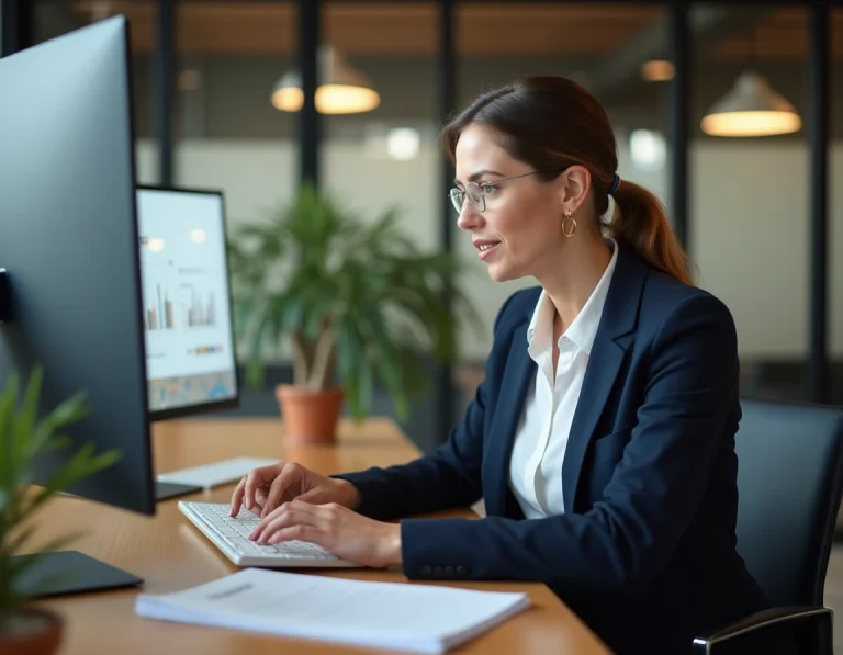 Professionnelle utilisant un agenda numérique centralisé sur ordinateur dans un bureau moderne
