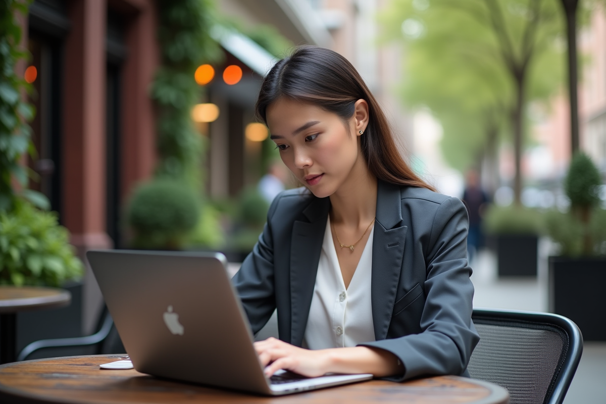 Jeune femme analysant des tendances marketing au café