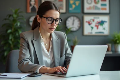 Femme en blazer analysant des graphiques sociaux au bureau