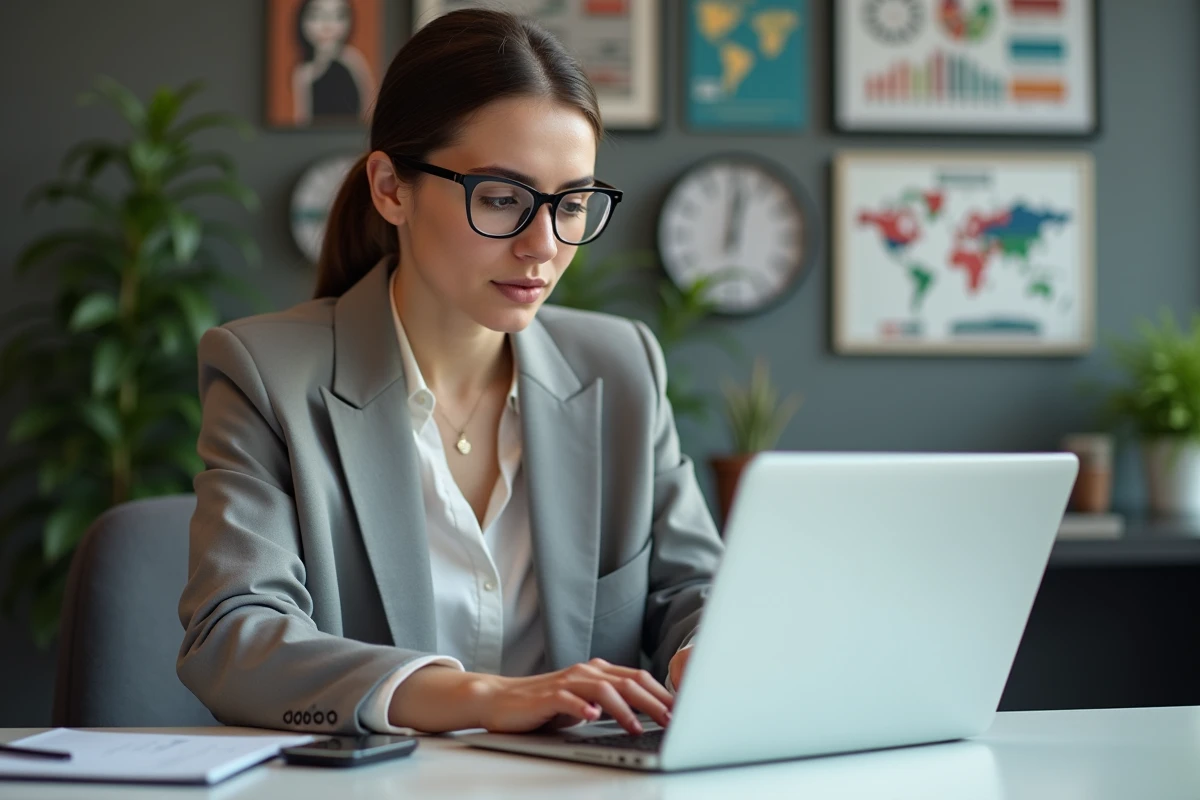 Femme en blazer analysant des graphiques sociaux au bureau