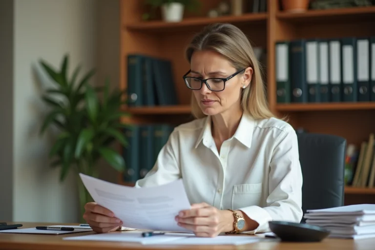 Femme consultant ses appels de cotisations MSA ou Urssaf dans un bureau à domicile