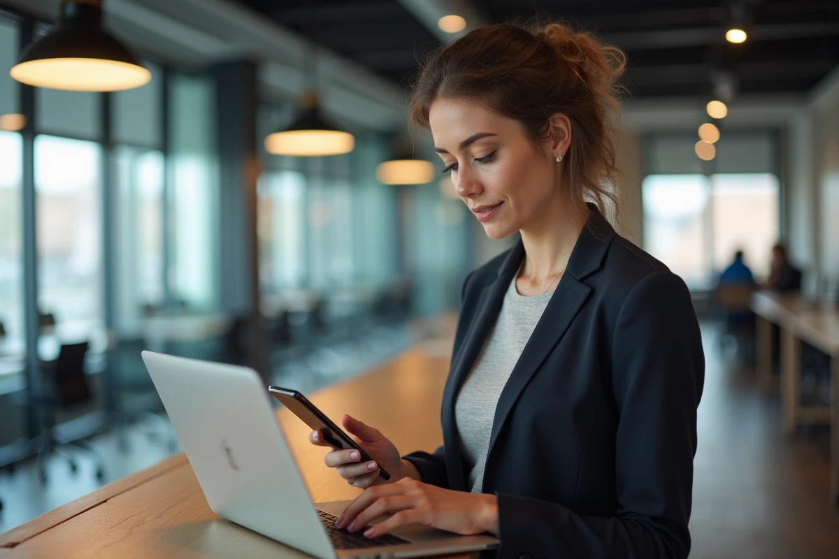 Femme auto-entrepreneur gérant ses démarches ARE et chômage depuis un espace de co-working