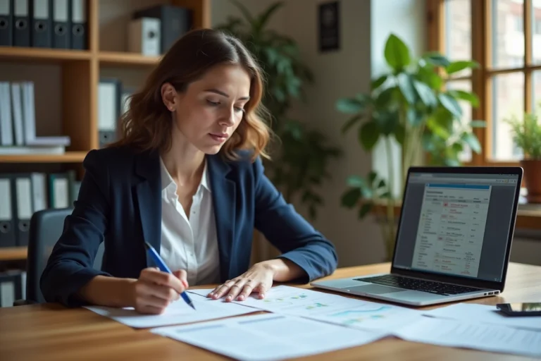 Femme auto-entrepreneur consultant des documents administratifs à son bureau à domicile