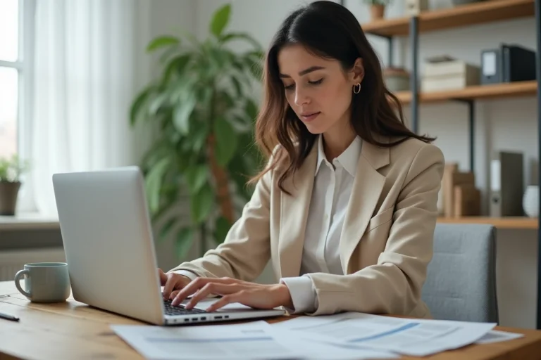Femme auto-entrepreneuse consultant des documents financiers sur son bureau à domicile, illustrant les plafonds de la micro-entreprise 2026