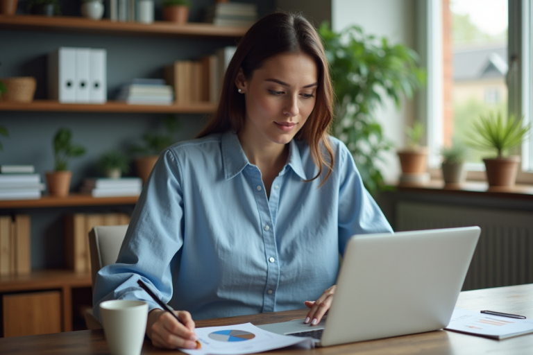 Jeune femme au bureau analysant des graphiques