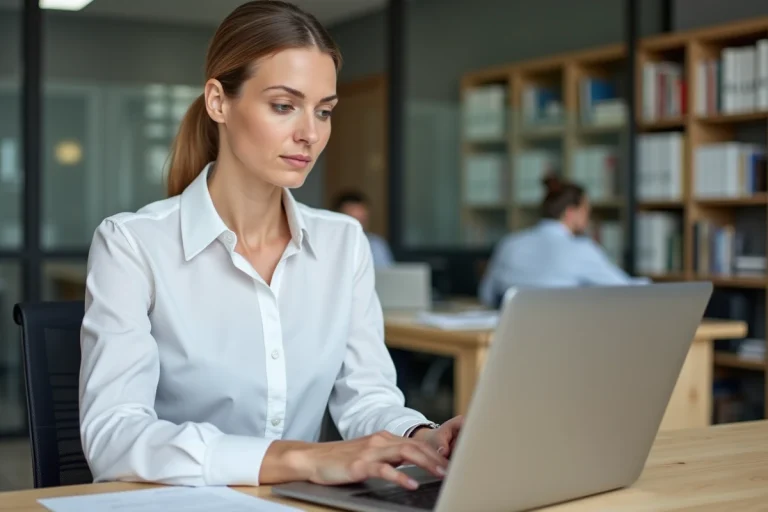 Femme professionnelle consultant un extrait Kbis sur son ordinateur portable dans un bureau moderne