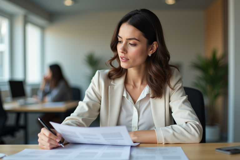 Femme en bureau lisant un rapport annoté avec concentration
